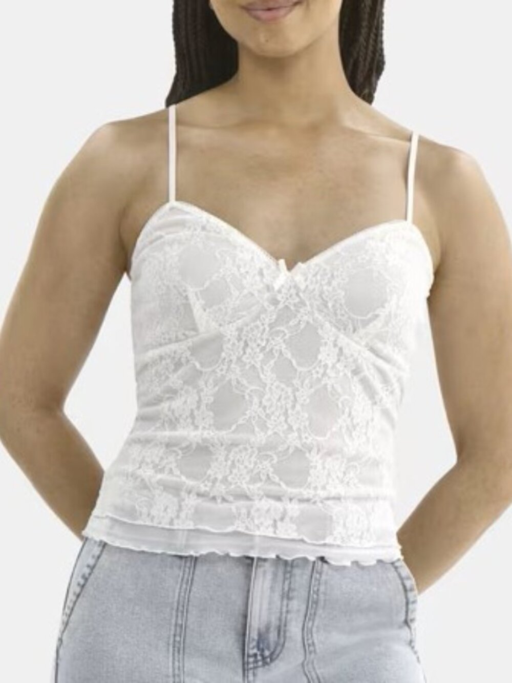 No Boundaries Lace Picot Trim Cami Tank Top White Babydoll Sweetheart Bow Y2K